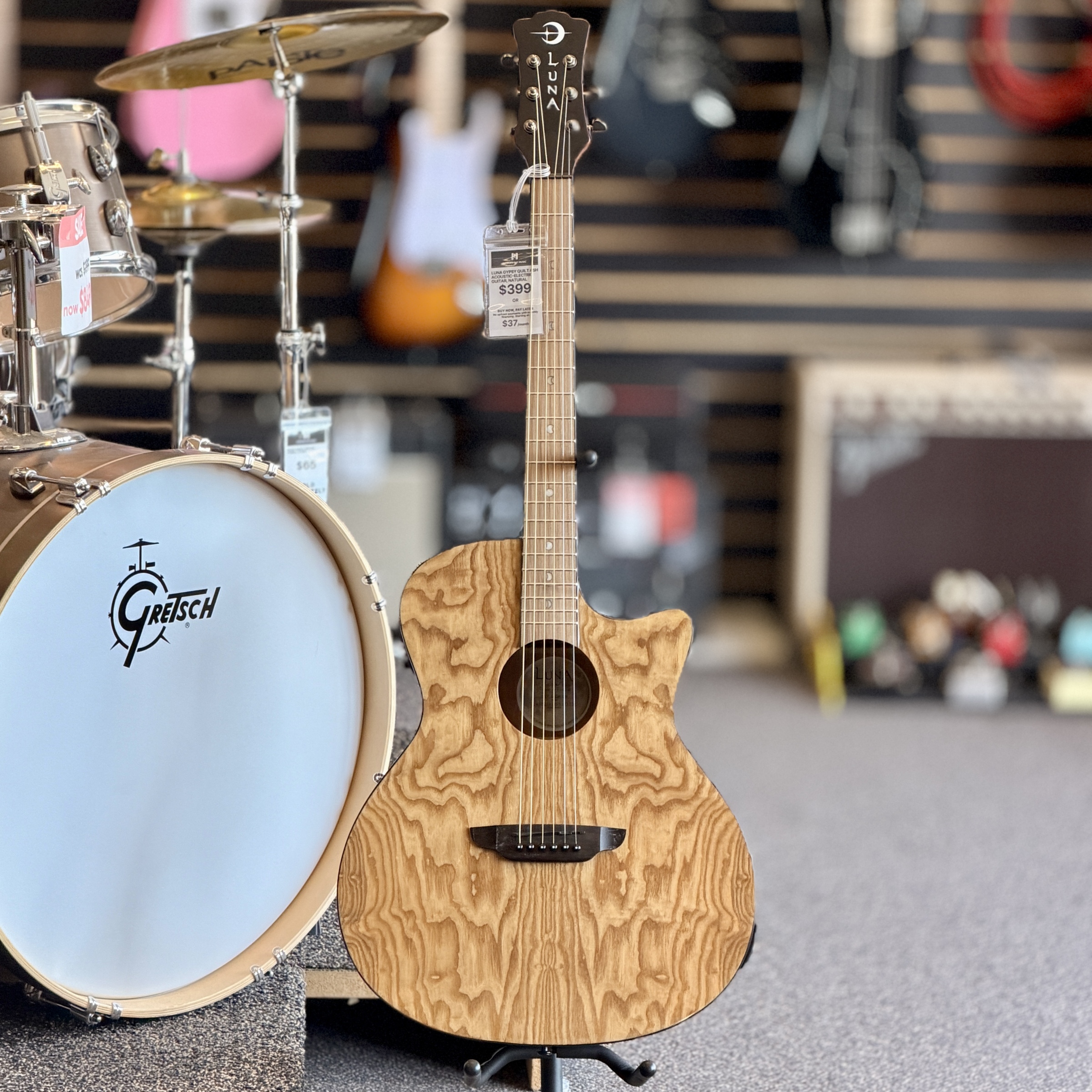 Luna Gypsy Quilt Ash Acoustic-Electric Guitar, Natural