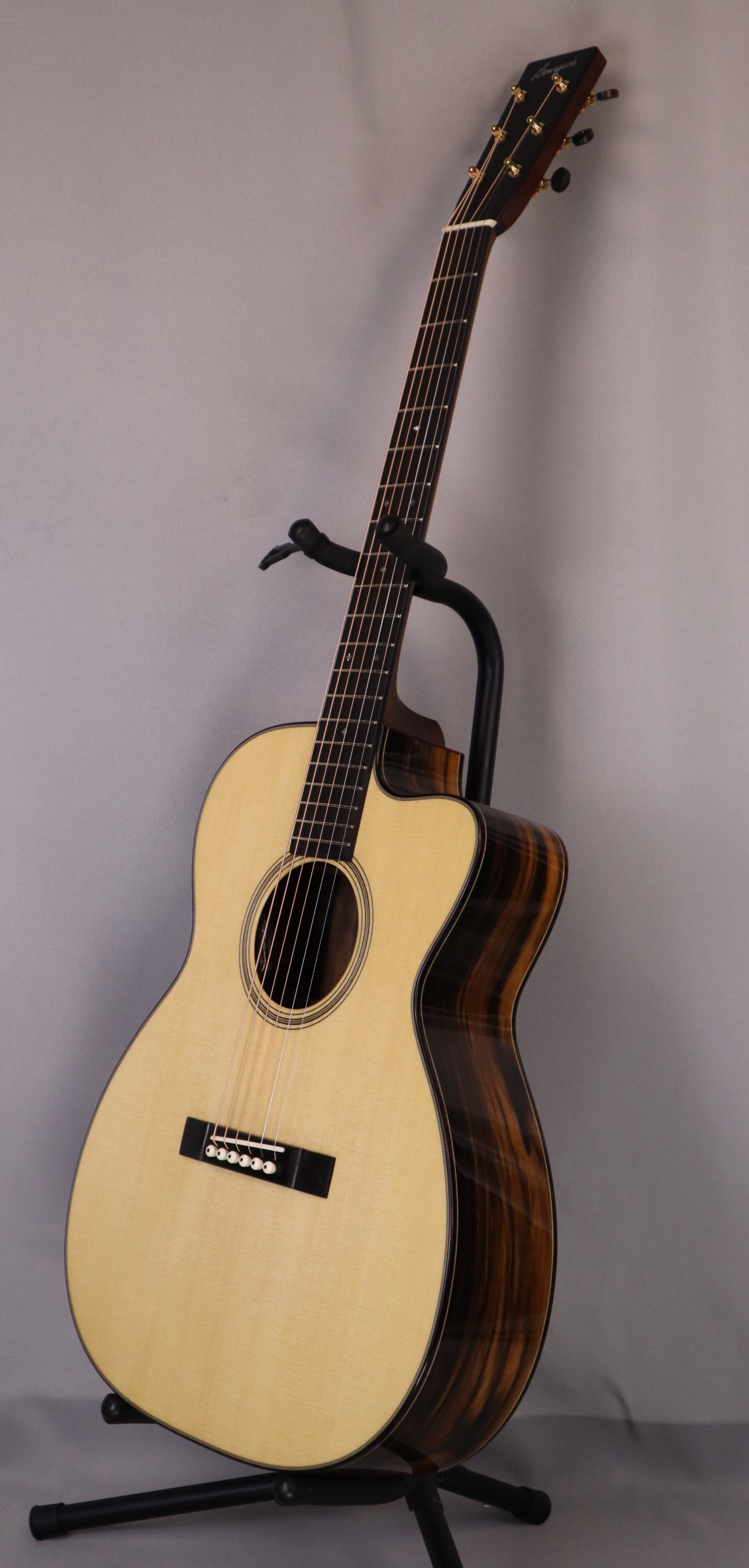 Bourgeois OMC/TS: OMC Soloist Touchstone Series Launch Edition. Lutz Spruce Top, Macassar Ebony back and sides. LR Baggs HiFi Pickup