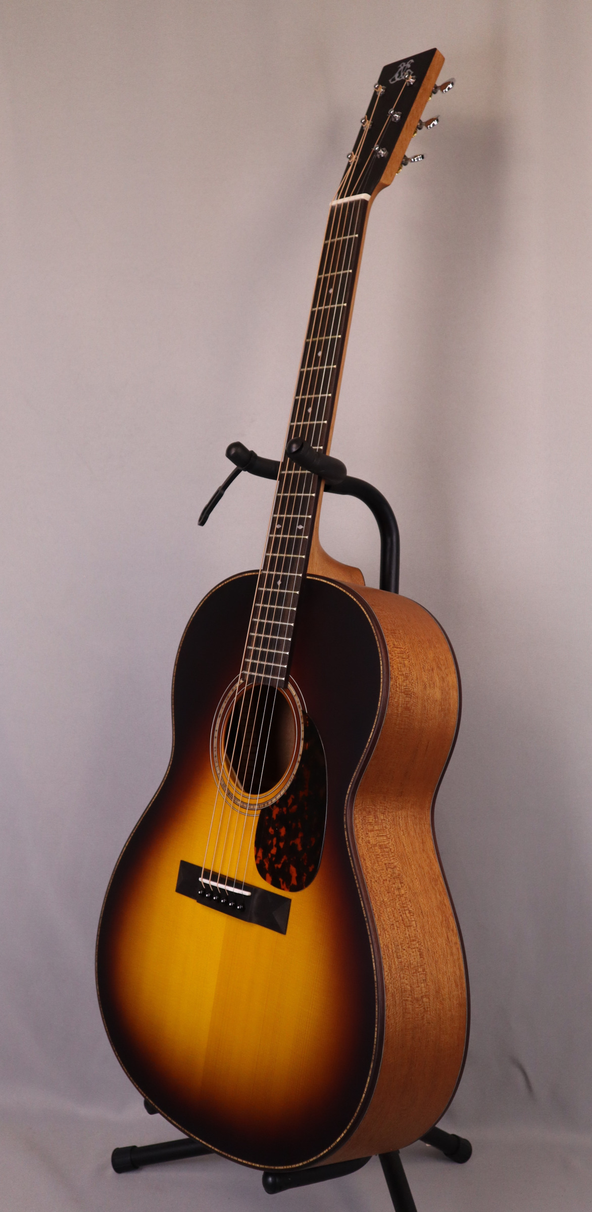Larrivee L-24 Custom: Solid Adirondack Spruce Top, Solid Mahogany back and sides. JCL Logo and Vintage Sunburst Top. Short Scale 24.75
