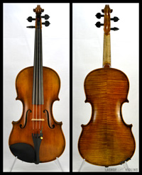 The front and back of a violin made by David Lashof.