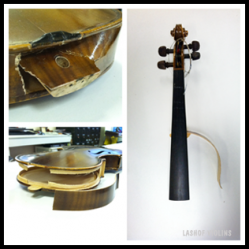 3 close ups of a violin which has been destroyed by extreme temperatures. The neck and both upper ribs have come off of the violin body. The lower block of the violin has ripped out of the lower ribs of the violin body.