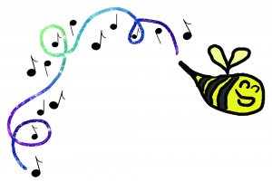 A bee buzzing with little eighth notes floating behind it.