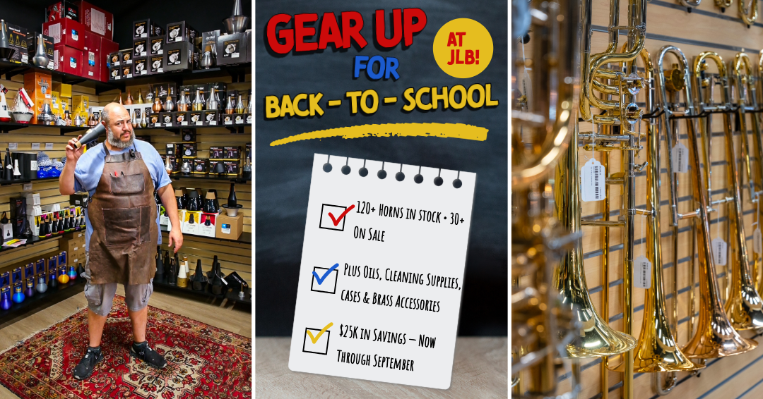 Back to School brass instrument sale at J. Landress Brass — 120+ horns in stock, 30+ on sale, plus oils, cleaning supplies, and GARD and Wahnsinn case restocks